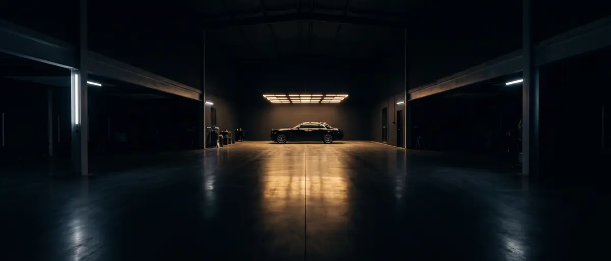 A single black car under a pool of gold light at the far end of the Obsidian Auto studio at night
