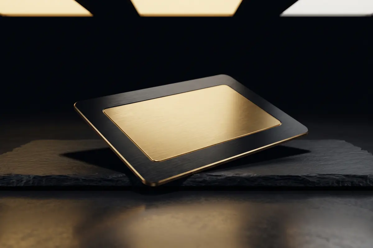 Obsidian Auto gift card — brushed black metal with a gold foil panel