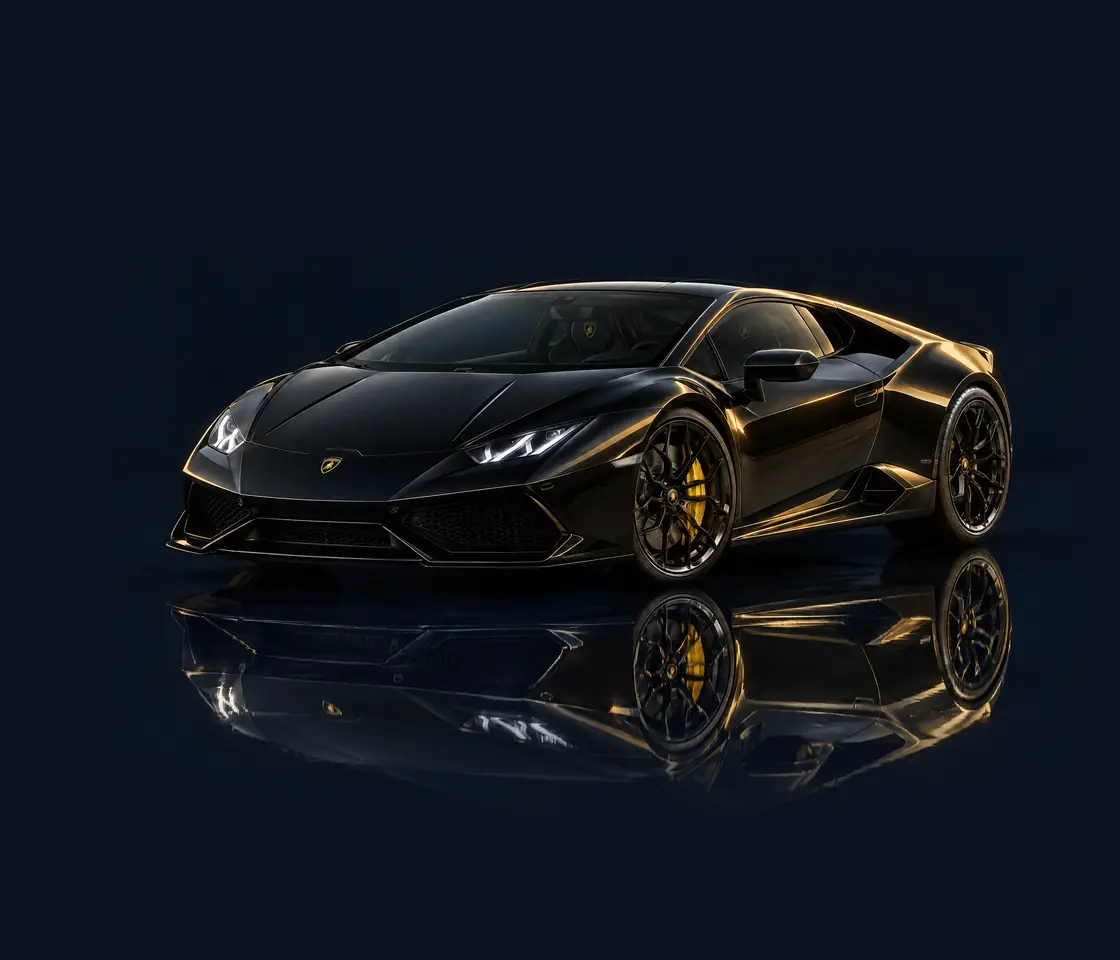 Gloss black Lamborghini Huracán with gold rim light on a glossy dark floor