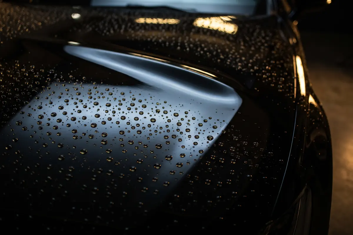 Water beading in tight spheres on a ceramic-coated black hood