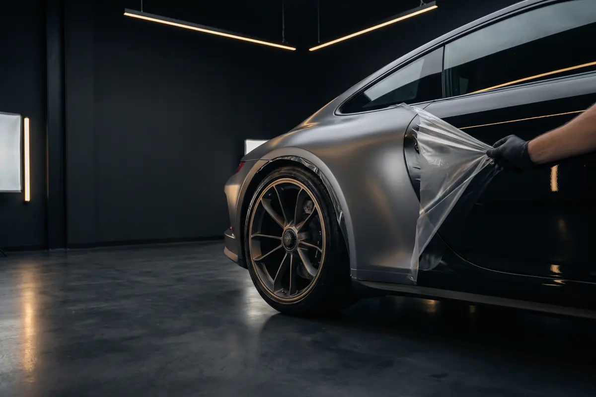 Satin frozen-grey colour-change film being applied over glossy paint