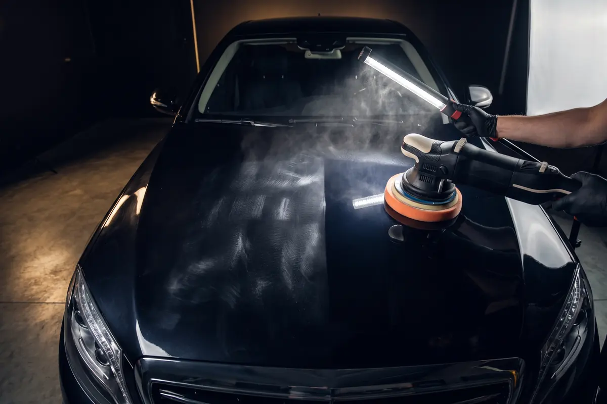 Dual-action polisher correcting a hazy section of dark paint under an inspection light