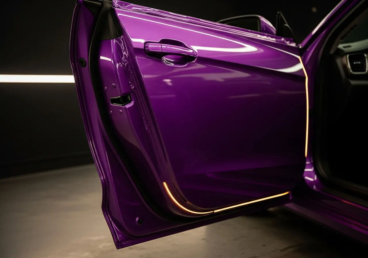 Open car door showing colored paint protection film wrapped seamlessly into the door jamb in Calgary
