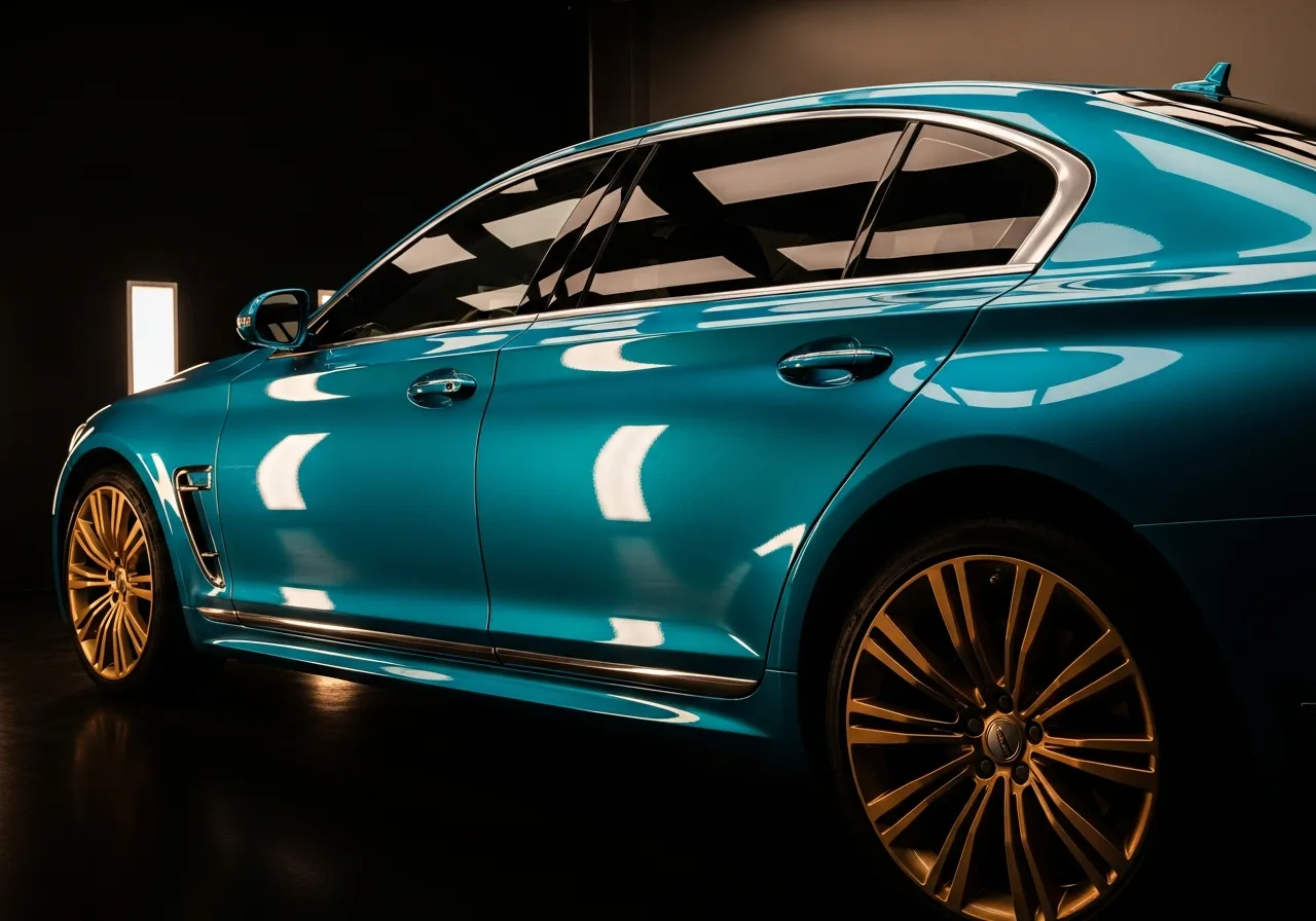 Luxury sedan wrapped in deep gloss blue colored PPF in Calgary with a wet-paint mirror finish