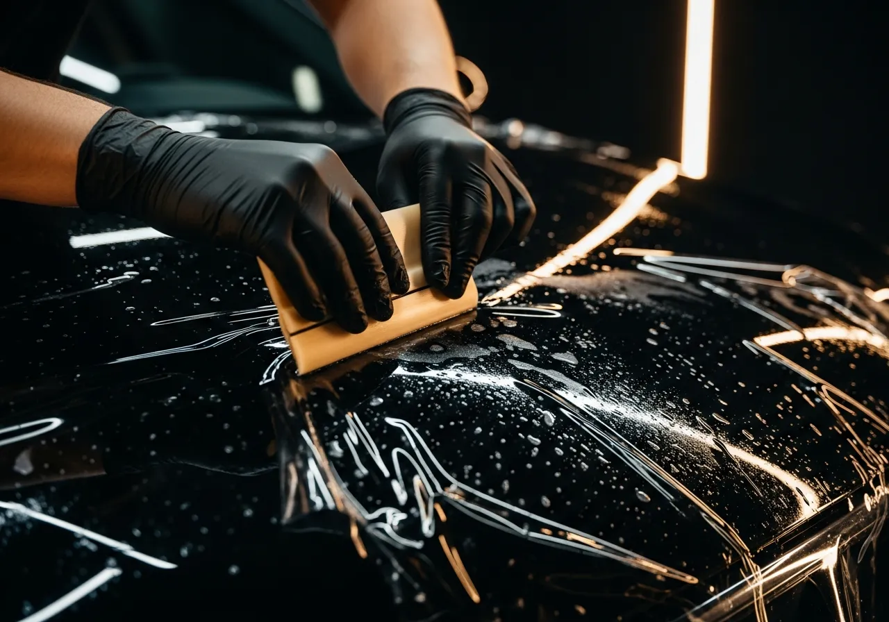 Installer squeegeeing paint protection film onto a panel