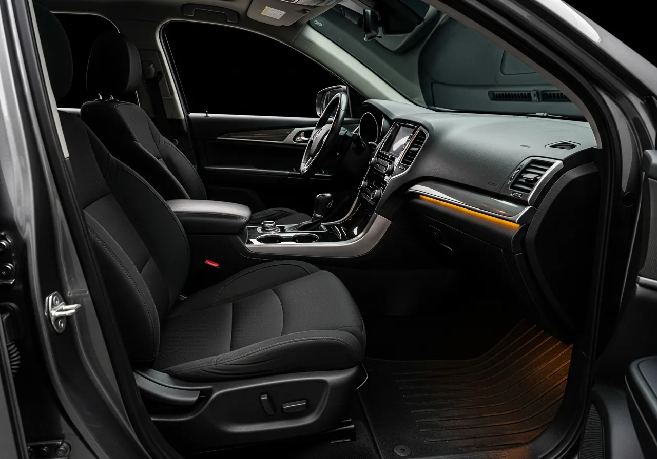 Same SUV interior after steam cleaning and shampoo extraction in Calgary — spotless seats, groomed carpet and gleaming dashboard
