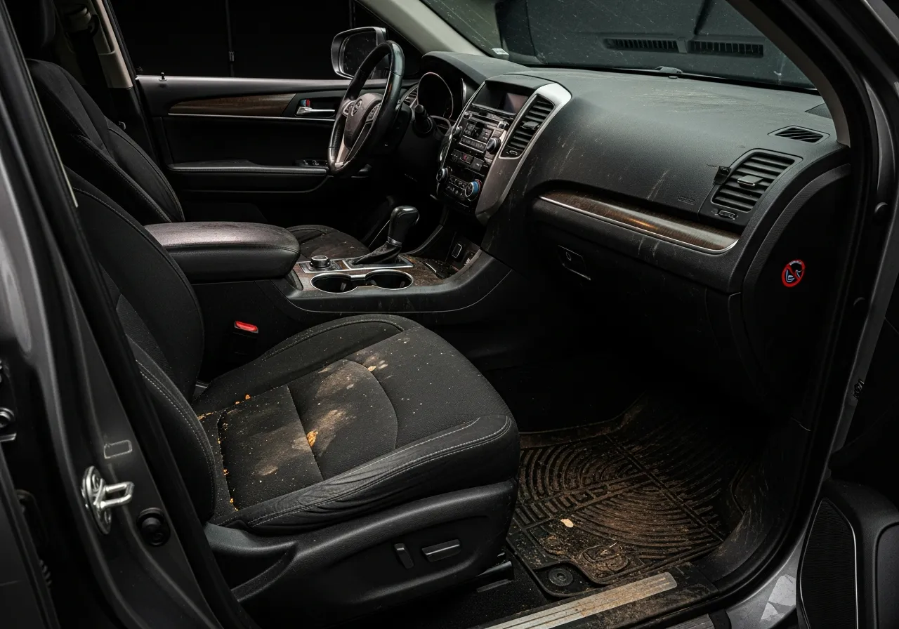SUV interior before detailing in Calgary — stained fabric seats, road-salt rings and crumbs on the carpet, dusty dashboard