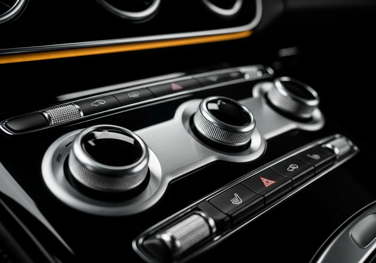 Detailed controls of a luxury car interior after professional detailing in Calgary