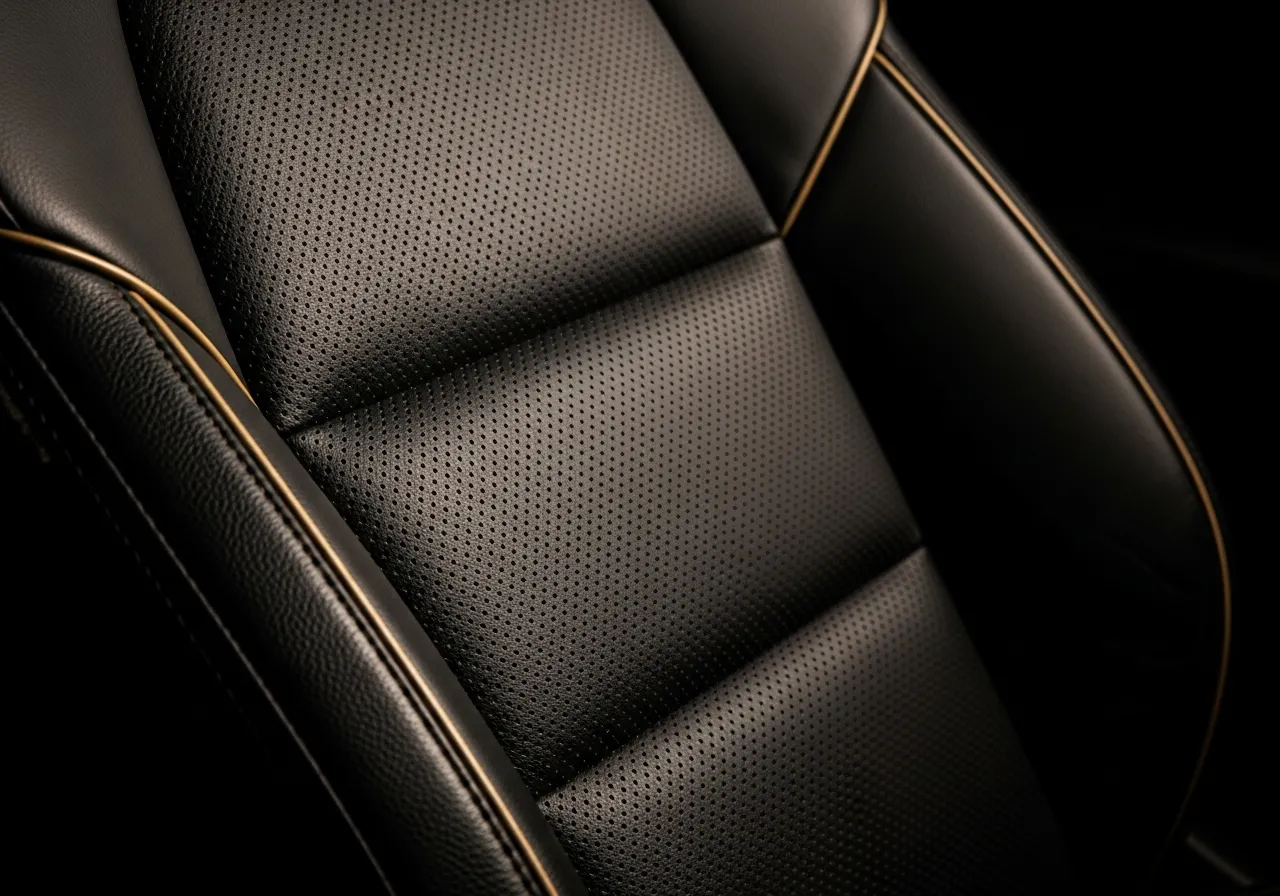 Macro of perforated black leather car seat deep-cleaned and conditioned during interior detailing in Calgary, every pore spotless