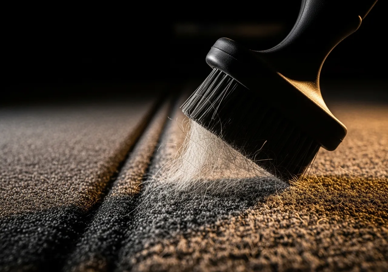Rubber pet-hair brush lifting embedded dog hair from dark car carpet during interior detailing in Calgary, half the carpet already clean