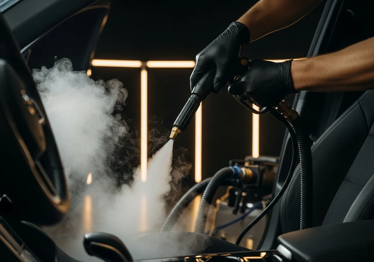 Technician steam cleaning a car fabric seat with a high-pressure steam wand and extraction machine in Calgary