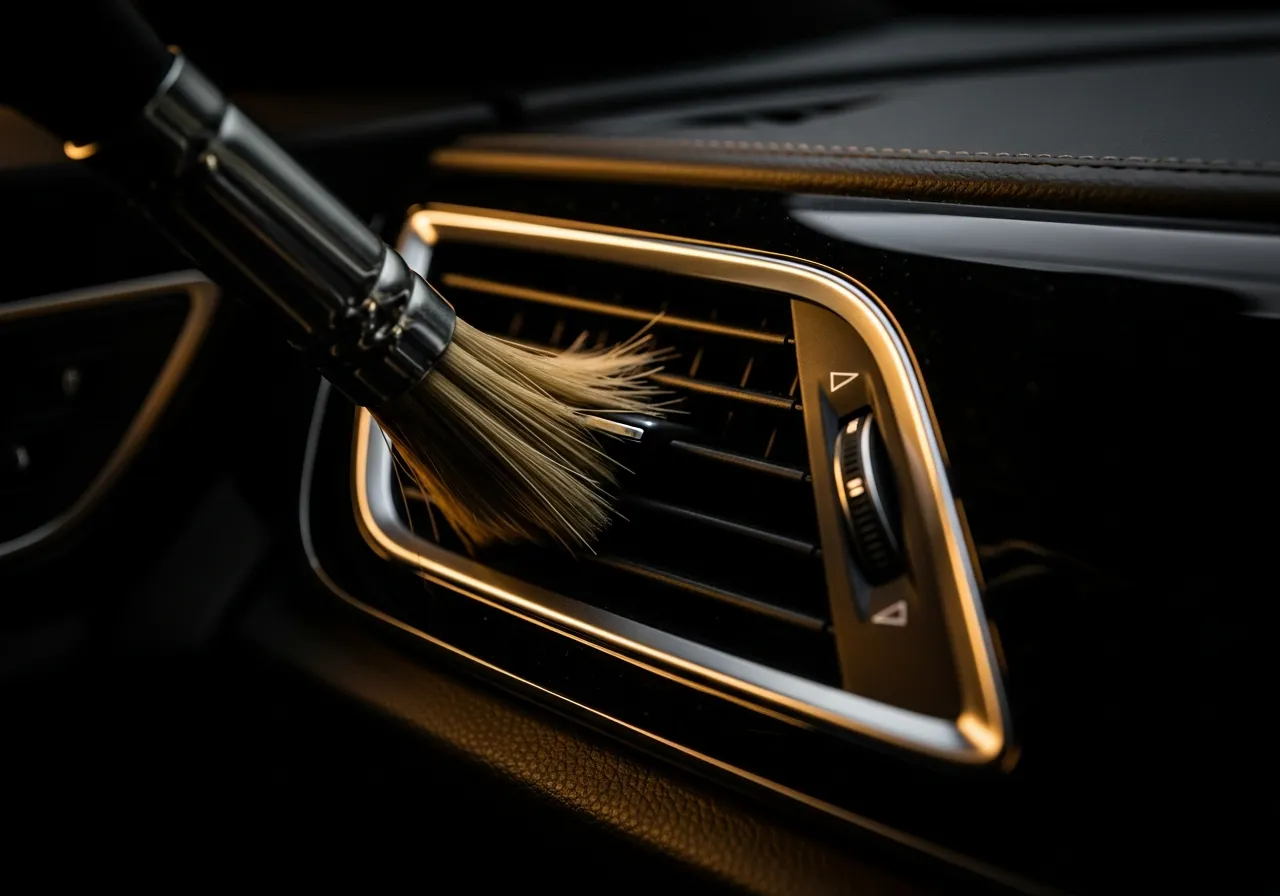 Soft detailing brush agitating dust from a car dashboard air vent during interior detailing in Calgary