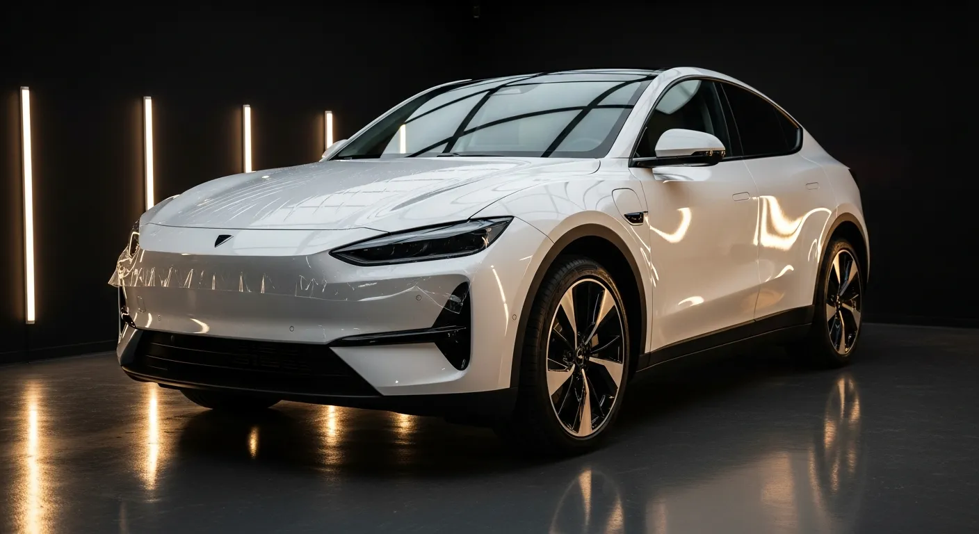 White electric crossover SUV with fresh clear paint protection film on the full front end in a Calgary studio