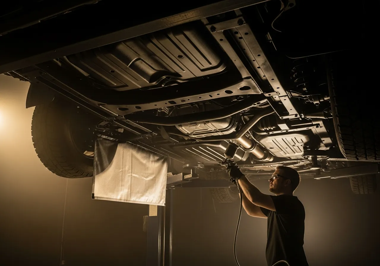 Technician spraying black rubberized rust-proof undercoating onto truck frame rails on a hoist in Calgary