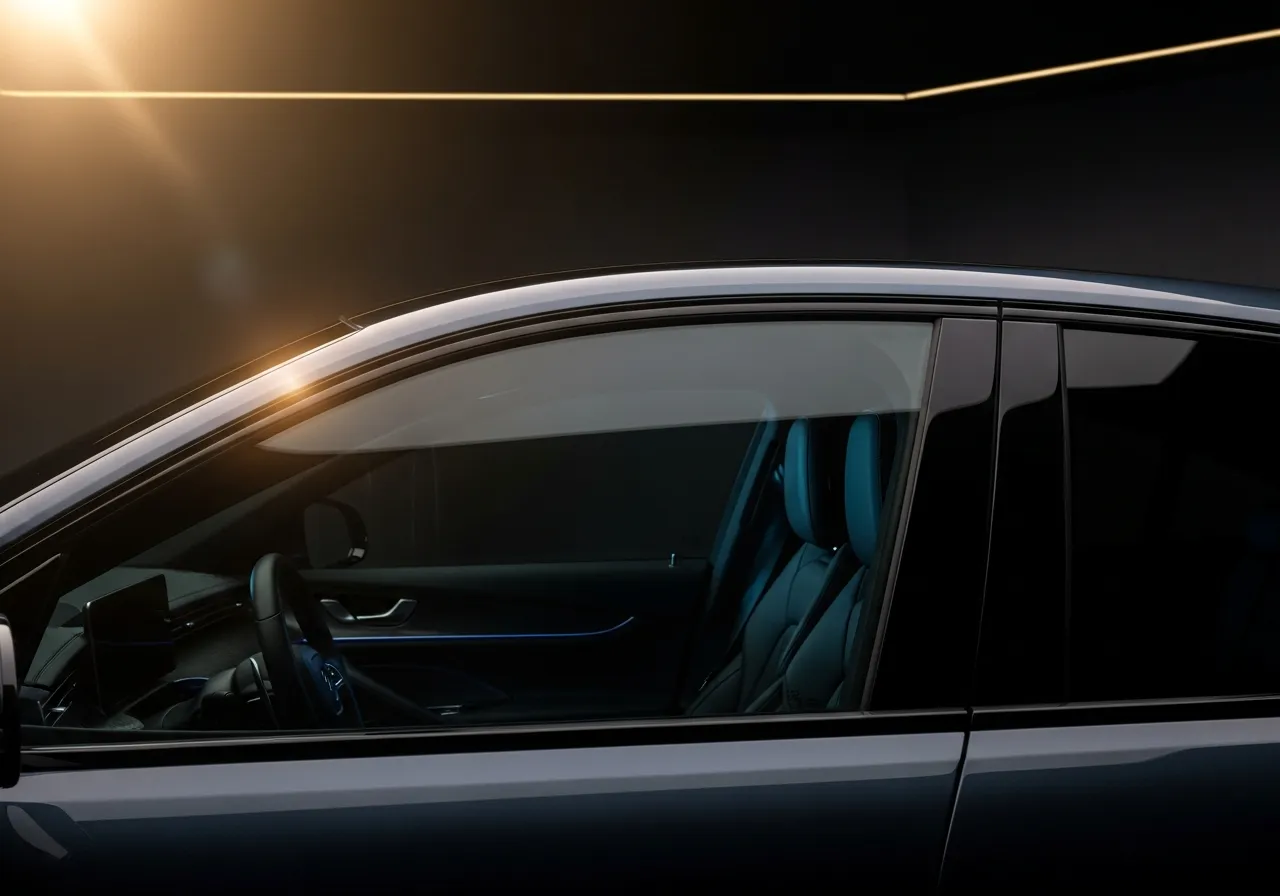 Sunlight hitting a car side window with dark ceramic tint, demonstrating heat rejection from ceramic window tint in Calgary