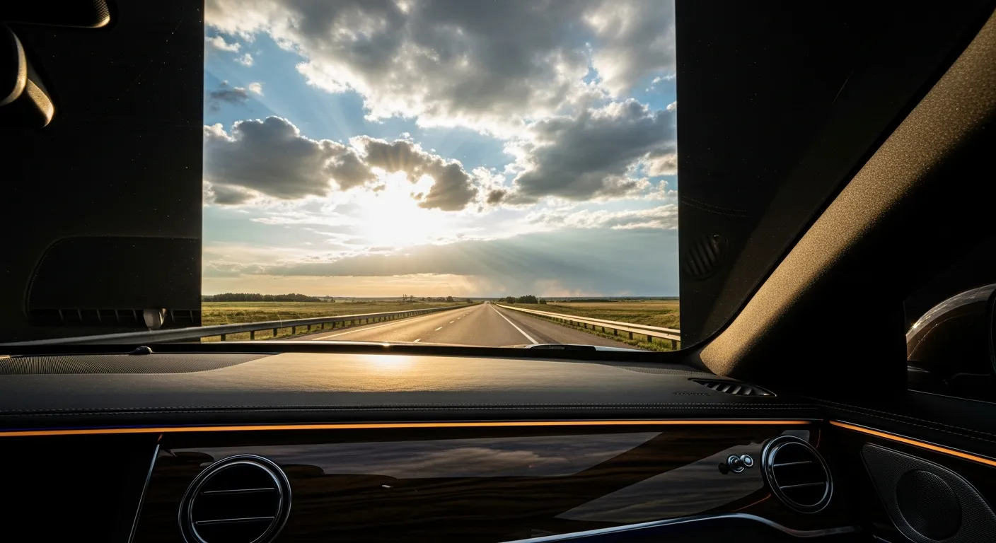 View from inside a car looking out at an Alberta highway, base photo for the Calgary window tint shade simulator