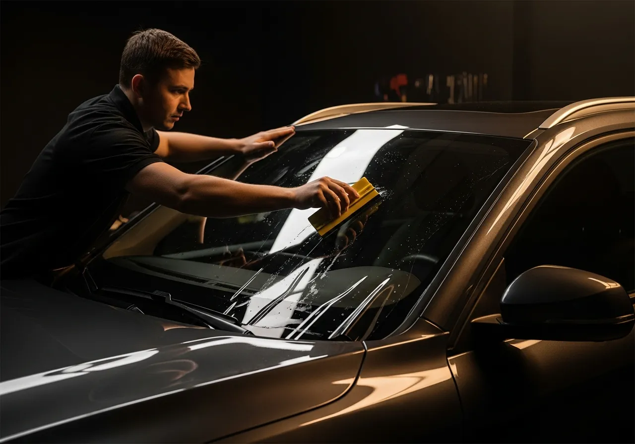 Technician applying optically clear windshield protection film to an SUV windshield in Calgary with perfect clarity through the glass