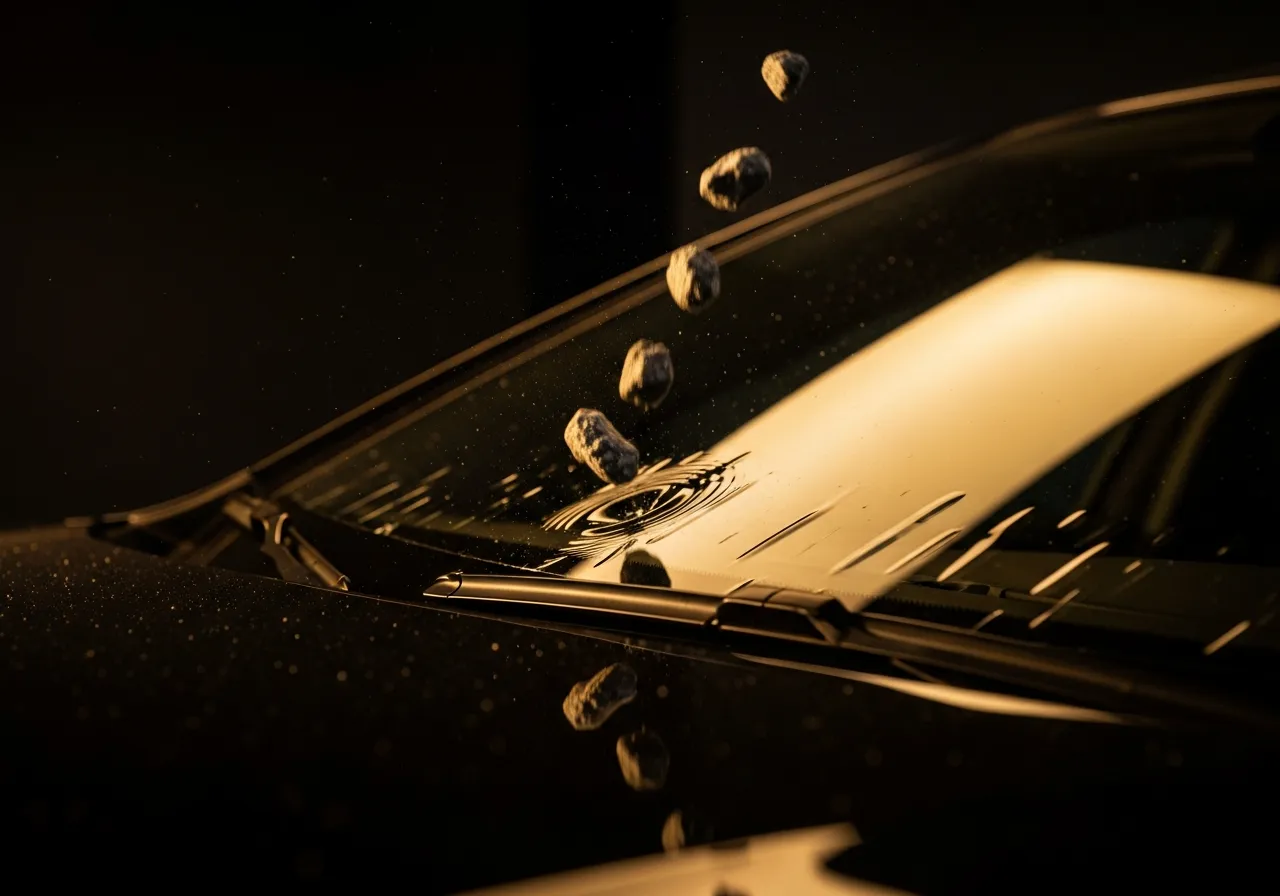 Gravel stone deflecting off a windshield protected by clear film in Calgary, glass uncracked at the point of impact